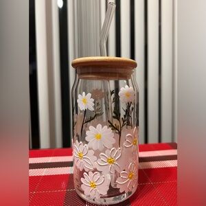 White Floral Glass Tumbler, Hand Painted , 16 Onzas